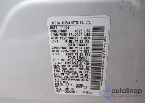 2010 Nissan Rogue Sl z USA, uszkodzony, nr VIN JN8AS5MVXAW116004